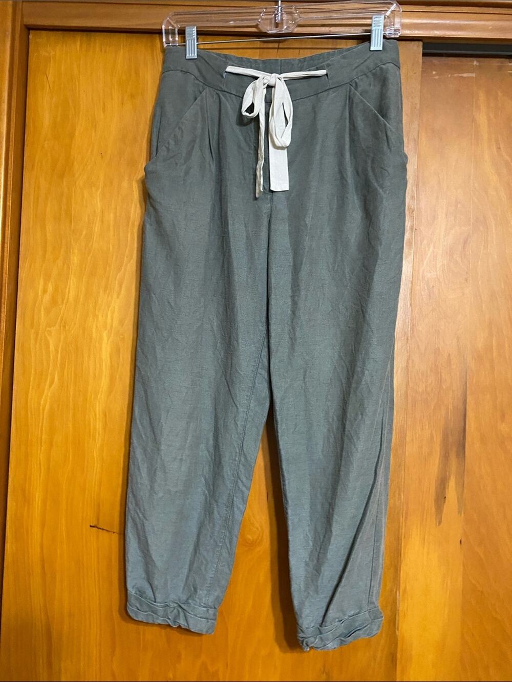 Wilfred Olive Cropped Drawstring Pants Cream Tie Inseam 23” Linen Blend Pockets